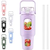 BLUEGO 40 oz Glass Water Bottles with Straw Time Marker, Glass Tumbler with Handle Top Lids, Easy to Clean, Fits in Car Cup Holder, Leakproof Jug for Gym, Sports, Workout & Daily, Purple