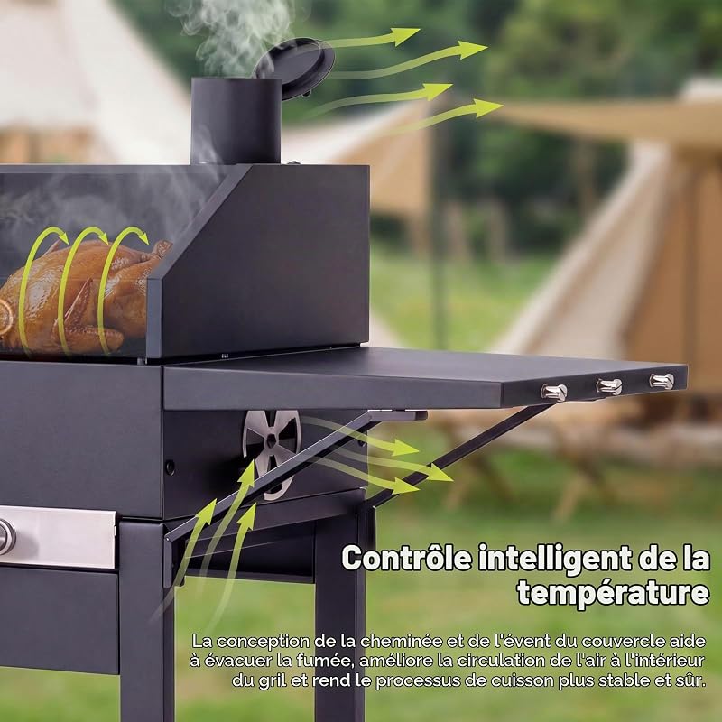 Barbecue charbon avec couvercle et housse, Grill 2 en 1 compact balcon jardin, Thermomètre intégré, Grille maintien au chaud, Protégé pour extérieur et facile à ranger
