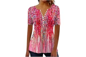 SMIDOW Summer Tops for Women 2024 Trendy Boho Floral Print Tunic Shirts Short Sleeve Button v Neck Tshirt Casual Loose Blouse