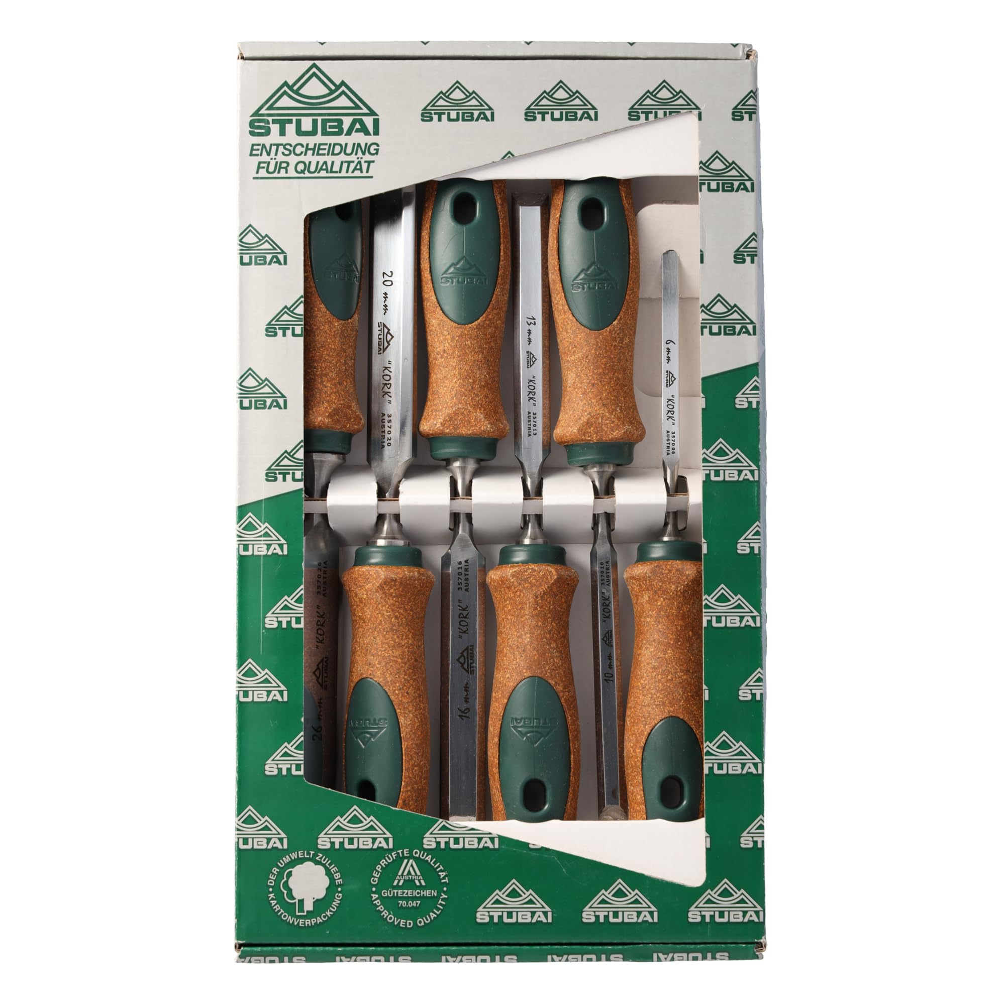 Stubai 357106 Special Wood Chisel Set "Swedish Type" with Cork Handles 6-26mm 6-Piece, Green/Brown/Silver, 6-26 mm