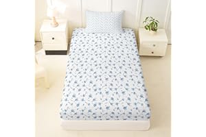 Feelyou Romantic Floral Fitted Sheet Twin Size for Kids Boys Girls Cute Blue Flower Pattern Bed Sheets Set 16" Deep Pocket Bo