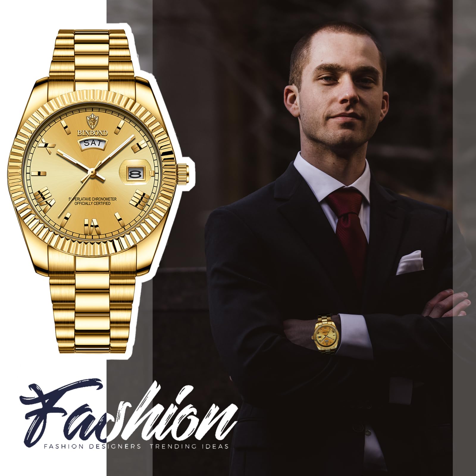 JewelryWe Men's Watch Stainless Steel Quartz Analogue Watch 30 m Waterproof Roman Numerals Dial Watch with Week Date Calendar and Luminous Hands Father's Day Gift