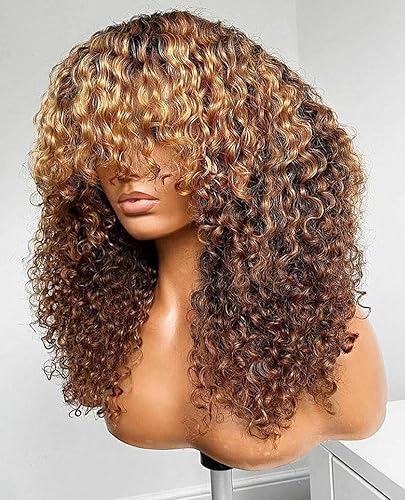 Ombre Blonde Deep Curly None Lace Front Human Hair Wigs With Bangs