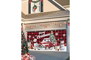 SINGINGIN Christmas Tree Truck Garage Door Banner Cover 7 x 8 ft, Winter Candle Snowflakes Red Plaid Christmas Garage Door Decorations Holiday Backdrop Decor for Winter New Year Xmas Party 7x8 ft