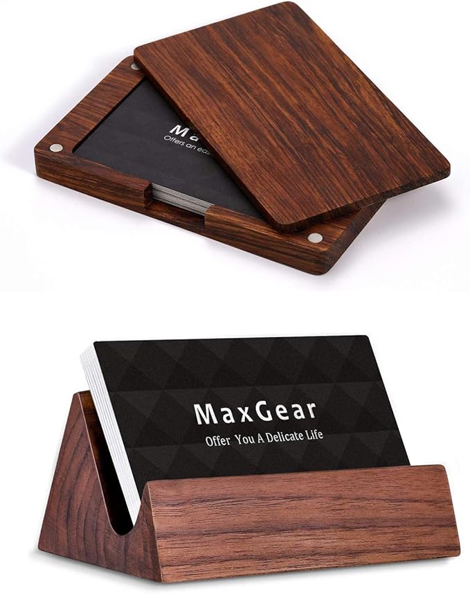 Bundle 2 Set MaxGear Business Card Holder Wood Business Card Holders，Desk Business