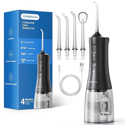 Operan Water Dental Flosser for Teeth Cordless, 300ML Rechargeable Oral Irrigator with 4 Modes, Water Flossers for Adults, IPX7 Waterproof, Use at Home/Travel, Black，1 Pack + 4 Nozzles