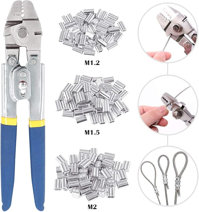 Glarks Up To 2.2mm Wire Rope Crimping Tool With 150Pcs 3 Size Aluminum