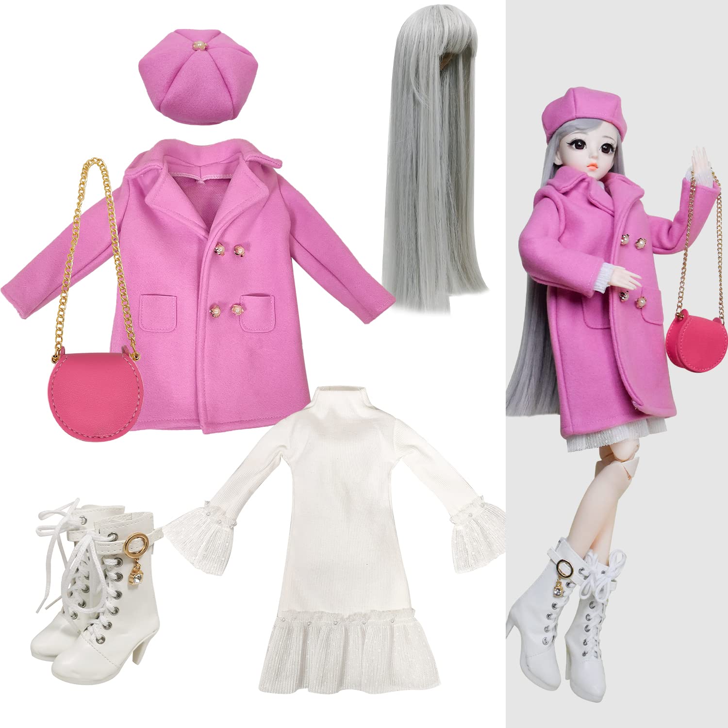 Proudoll 1/3 BJD Doll Outfit Set - Handcrafted Stylish Rose Red Coat, Beret, Dress, Wig, Leather Bag & Boots, Compatible with 1/3 60cm 24in SD Dolls