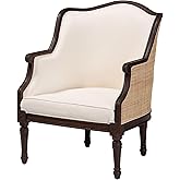 bali & pari Ornella Beige Fabric Upholstered Armchair with Natural Rattan Woven Accents