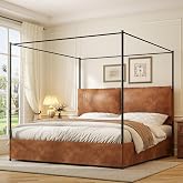 SAMTRA King Canopy Bed Frame with Tall Upholstered Faux Leather Headboard | Modern Four Poster Metal Platform Bed with Side Storage Pockets, No Box Spring Needed, Sturdy Frame, Easy Assembly, Brown