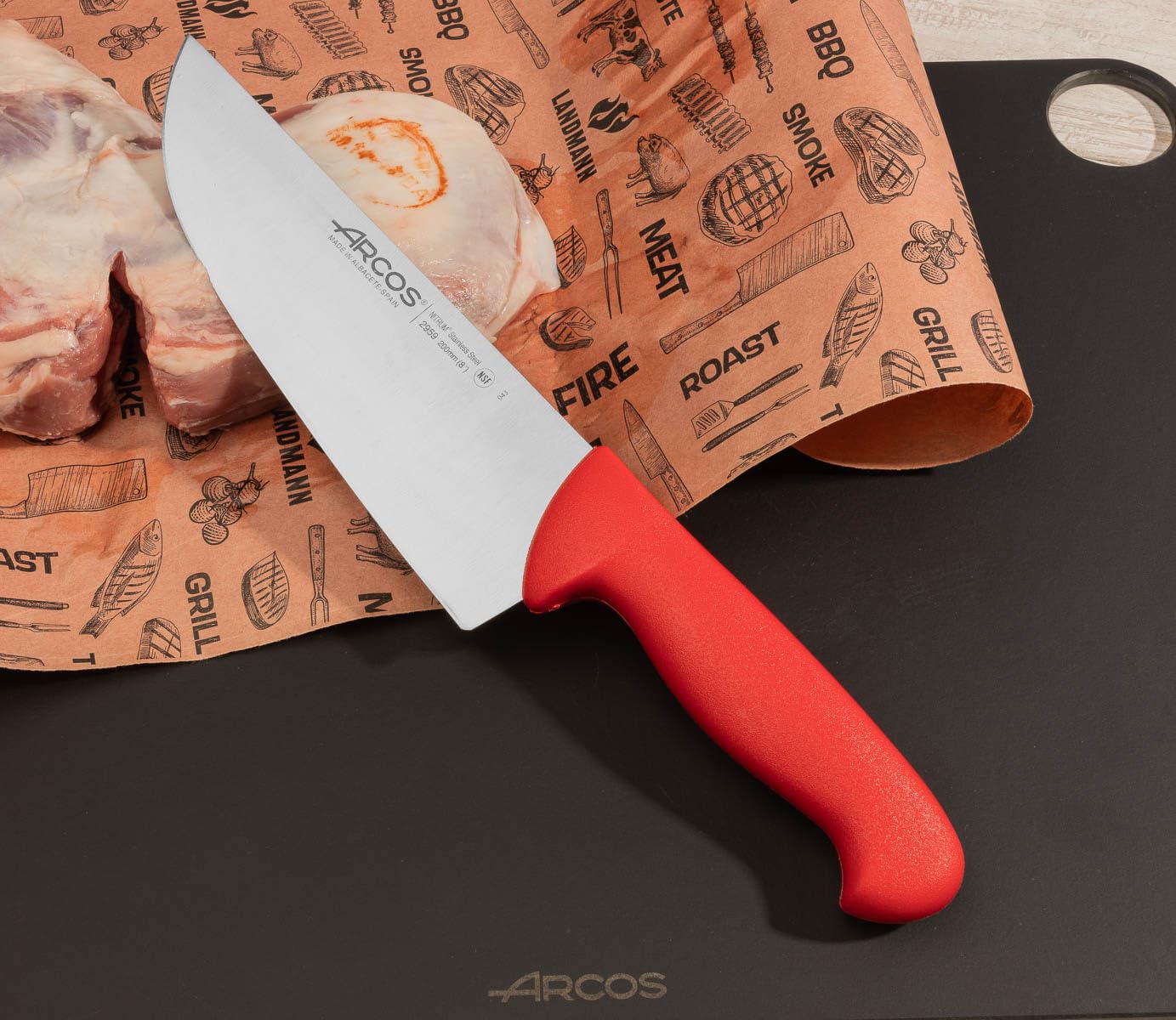 Arcos Fleischermesser Breite Klinge Edelstahl NITRUM 200 mm, Präziser Schnitt, Langlebig, Roter Polypropylen-Griff, Serie 2900, Ideal für Fleisch 6