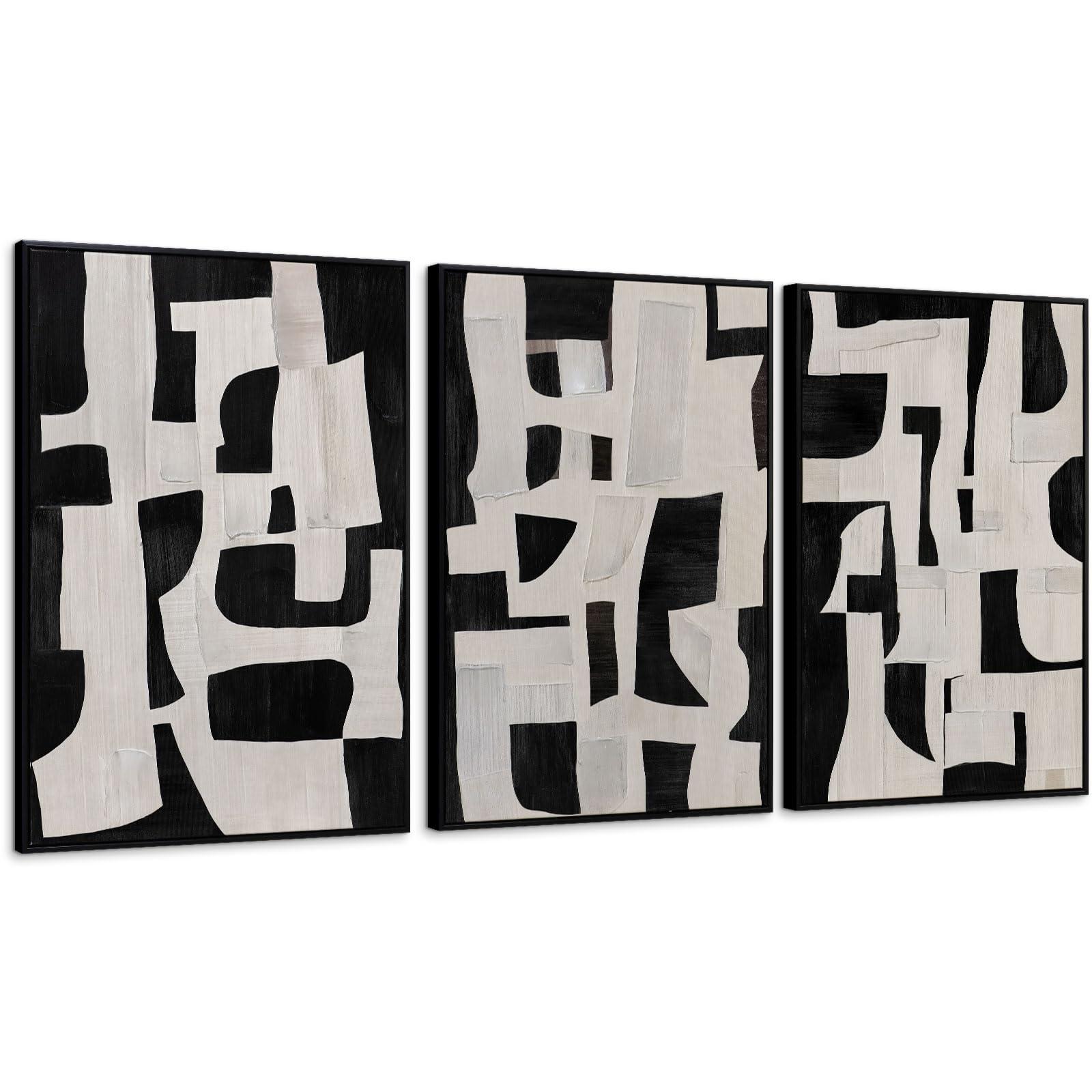 View 1 of ***FACTORY SEALED***Zessonic Abstract Black and White Wall Art Edgy Blocks Framed Geometry Canvas Print Modern Contemporary Artwork for Living Room, Bedroom, Office Decor - Set of 3, 16x24 Inch (Ready to Hang)
