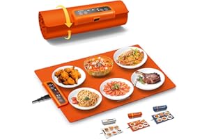 MENGBEI INNOWARMER Warming Mat for Food, Foldable Food Heating Mat, Silicone Electric Warming Tray - Full Surface Heating, Nano-Material, 3 Temp-Modes with Timer (Orange)