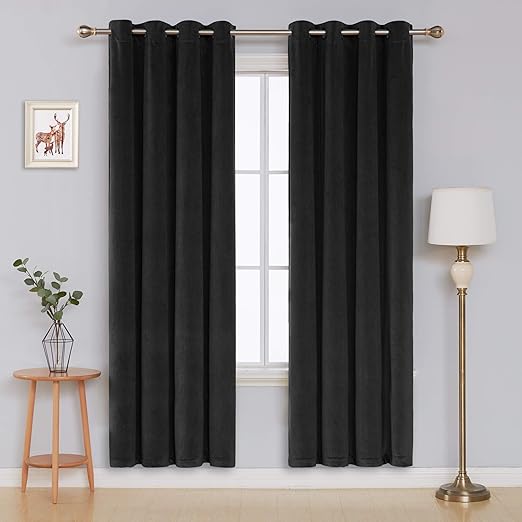 Deconovo Thermal Crushed Velvet Eyelet Velour Curtains Black 46