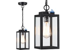 MYHXQ 11'' Dusk to Dawn Outdoor Pendant Light, Modern Outside Chandelier Outdoor Hanging Lantern Light, Matte Black with Clear Glass, Exterior Pendant Lighting Fixture for Porch, Yard, Gazebo, 1Pack (Small)