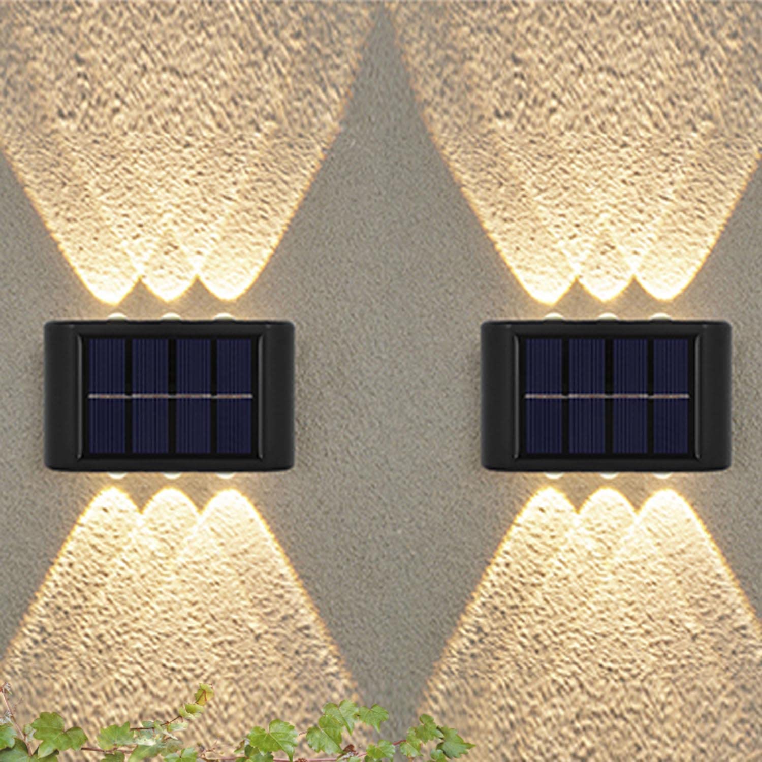 Leehui 2 Pack Solar Wall Lights Outdoor, 6 LED Waterproof Solar Fence Lights Up and Down Wall Lamps for Garden Decoration, Fence, Yard, Front Door, Pathway (Warm White, 2 Pack)