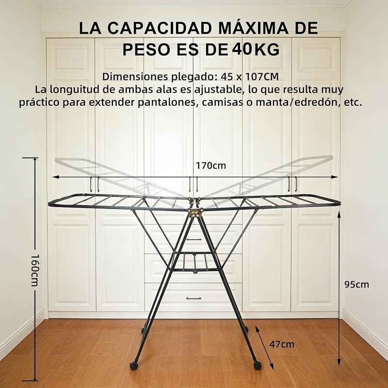 Varal dobrável com rodas, aço carbono, asas extensíveis até 1,7 m, altura ajustável, carga de 40 kg, secador para interior e exterior, preto