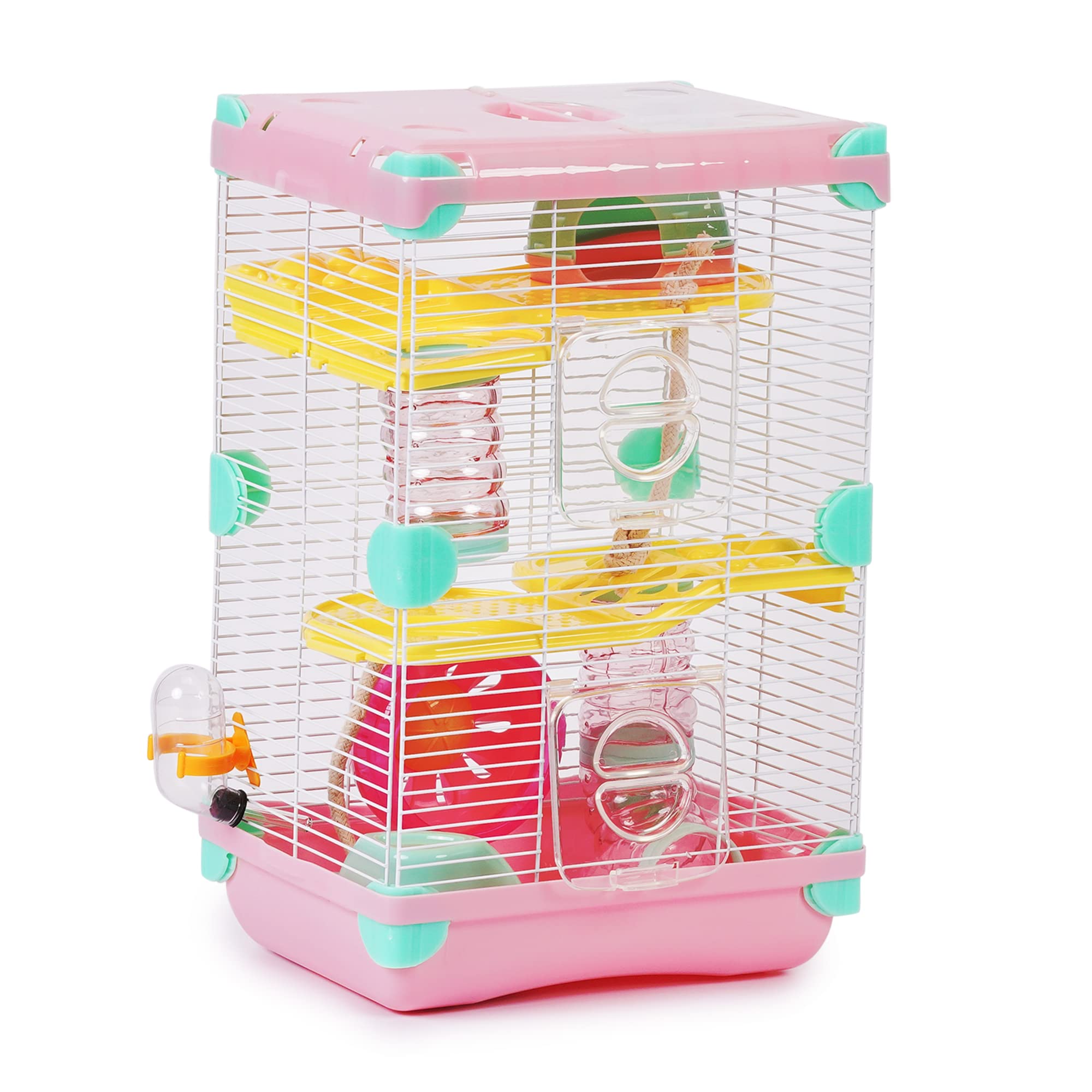 Roborowski Hamster Cage 27.7 x 20.5 x 42.5 cm, 2 Levels, with Wheel, Drinking Bowl (Pink)