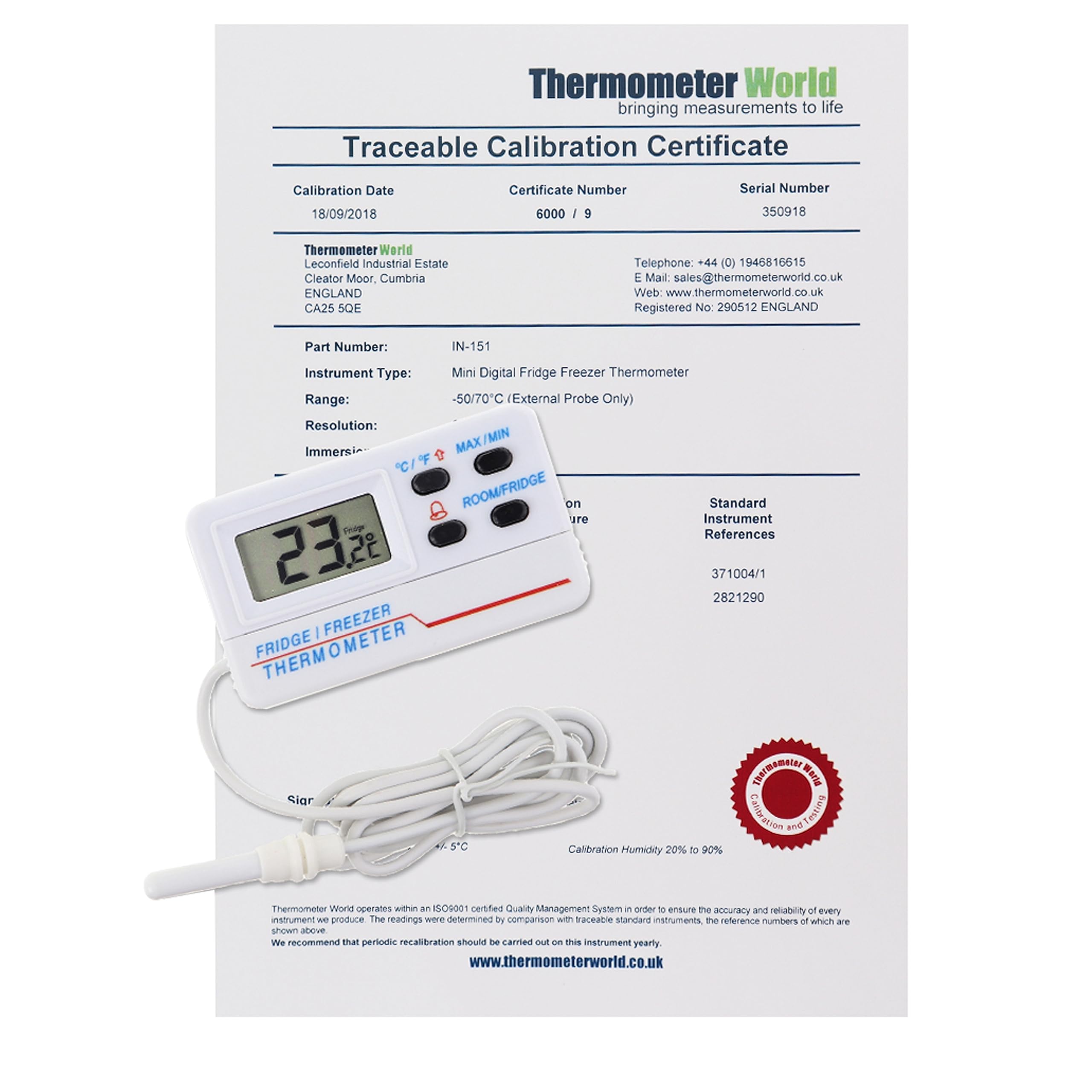 Calibrated Digital Fridge Freezer Thermometer with 2 Point Traceable Calibration Certificate