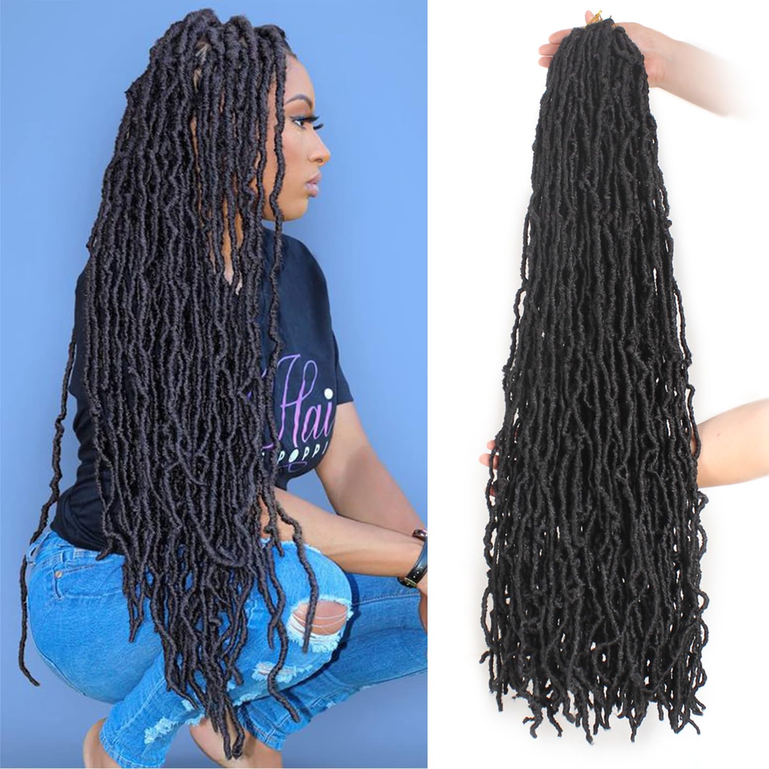 Mscat 7 Packs 30 Inch Pre-Looped Faux Locs Nu Locs Synthetic Fiber Hair Extensions 12strands/pack 1B# — image 1