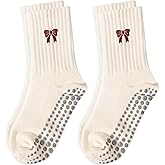 FIYIGO Pilates Yoga Grip Socks for Women, Bow-Patterned Ruffled Crew Socks Ideal for Fitness, Ballet Bar Work&Dance
