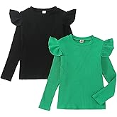 Toddler Girl Shirts Ruffled Long Sleeve Baby Tee Tops, Ribbed Toddler Girl Blouse, Fall Baby Girl Clothes 2-Pack 12M-7Y