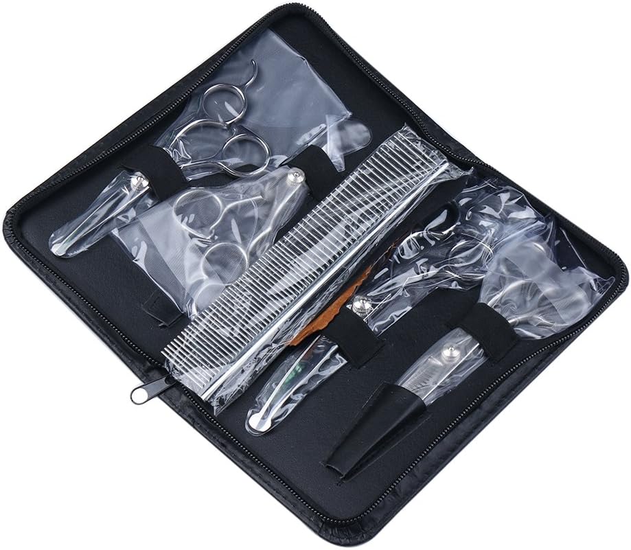 Dog Grooming Scissors Kit with Round Tip, Set of 5 Cat Dog Scissors, Stainless Steel Pet Grooming Shears, Straight, Curved, Thinning Shears, Comb for Full Body, Face, Nose, Ear & Paw