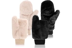 SATINIOR Faux Fur Mittens Fingerless Gloves Convertible Gloves Fluffy Winter Warm Soft Half Finger Fuzzy for Women
