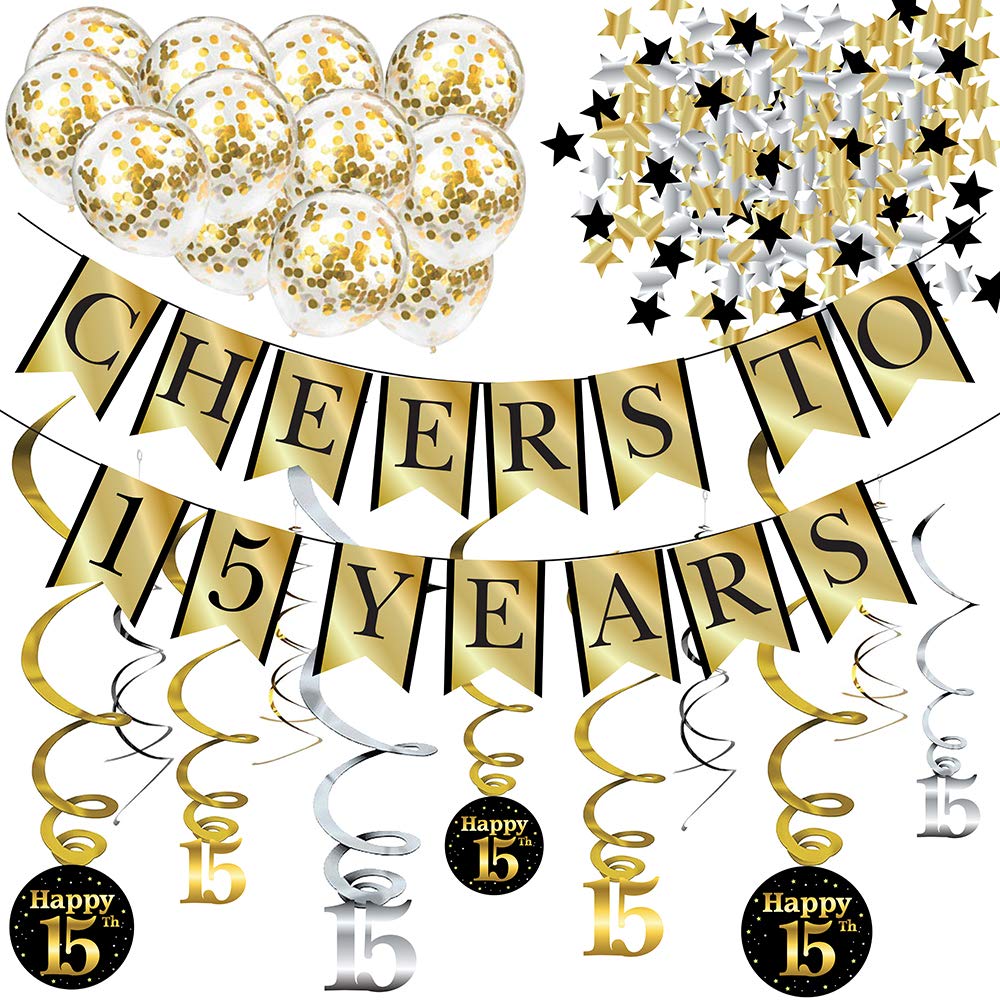 15th Birthday and Anniversary Decorations Party Pack - Cheers to 15 Years Banner, Balloons, Swirls and Confetti Party Supplies