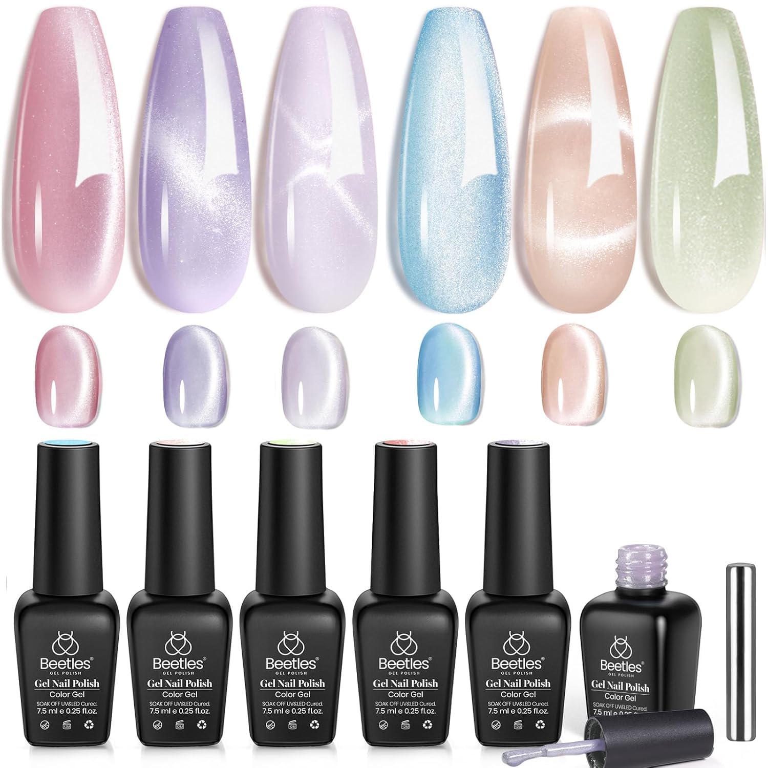 Beetles Cat Eye Gel Nail Polish Set, 6 Colors Jelly Pink Translucent Pastel Blue Green Purple Light Lucite Collection Sheer Gel Polish Soak Off LED Nail DIY Art Salon at Home Gifts for Women
