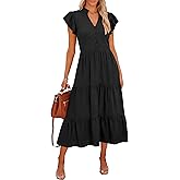 Caracilia Women Summer Casual V Neck Button Down Ruffle Sleeve Midi Dresses 2026 Fashion Flowy Tiered Beach Vacation Sundress