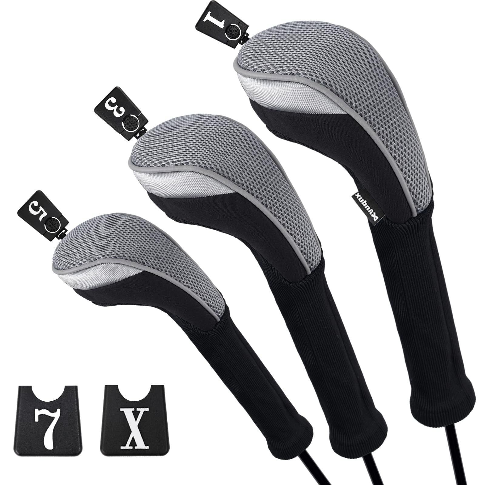 Andux Golf Fairway Wood Club Head Covers 460cc Driver Extra Long Neck 3pcs/Set Black/Grey