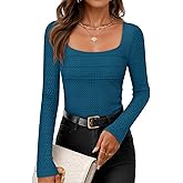 ZESICA Women's Long Sleeve Shirts 2026 Spring Fashion Square Neck Slim Fit Basic Going Out Tops Trendy Outfits