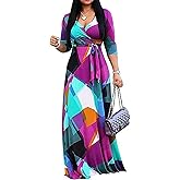 AOMONI Women's Floral Print Maxi Dresses Summer with Pockets Casual 3 4 Sleeve V-Neck Wrap Tie Waist Long Dress, M-3XL