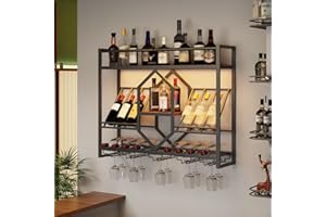 HOOBRO Wall Mounted Wine Rack with LED Light, 80 cm Wine Shelf, 3 Tier Wine Bottle Display Shelf with Glass Holder, Hanging B