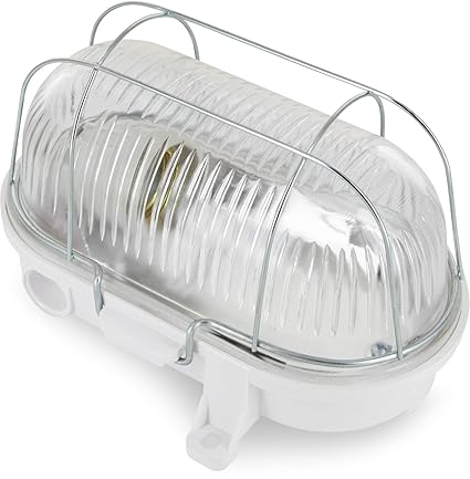 Kellerlampe Bulkhead E27 IP54 weiß - Glasabdeckung - Metallgitter - max. 100W - Made in EU