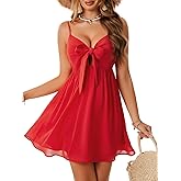 LYANER Women's Ruched V Neck Sleeveless Ruffle A Line Tie Knot Front Sexy Mini Dress