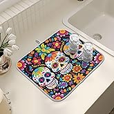 ALAZA Sugar Skull Day of Dead Small Dish Drying Mat Kitchen Counter 16x18 inch Coffee Mat Soft & Absorbent Dish Dryer Pads