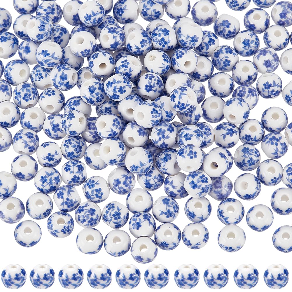 SUNNYCLUE 1 BOX 210Pcs 8MM Ceramic Blue Flower Beads Porcelain Beads Bulk White Printed Flowers Small Smooth Spacer for jewellery Making Bracelets Necklace DIY Crafting Beginners