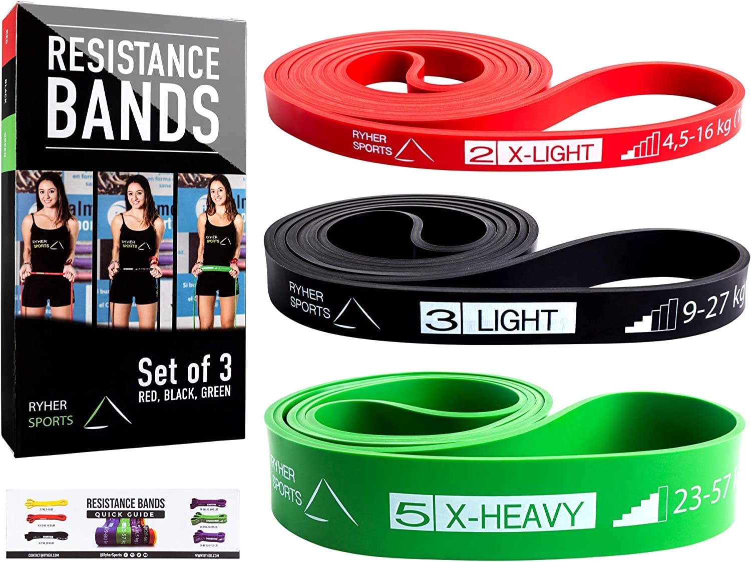 Ryher Fitness Pull Up Resistance Band - Exercise bands for CrossFit, Chin Up Assistance, Elastic Band for Powerlifting, Streching (SET OF 3 - Red, Black and Green)