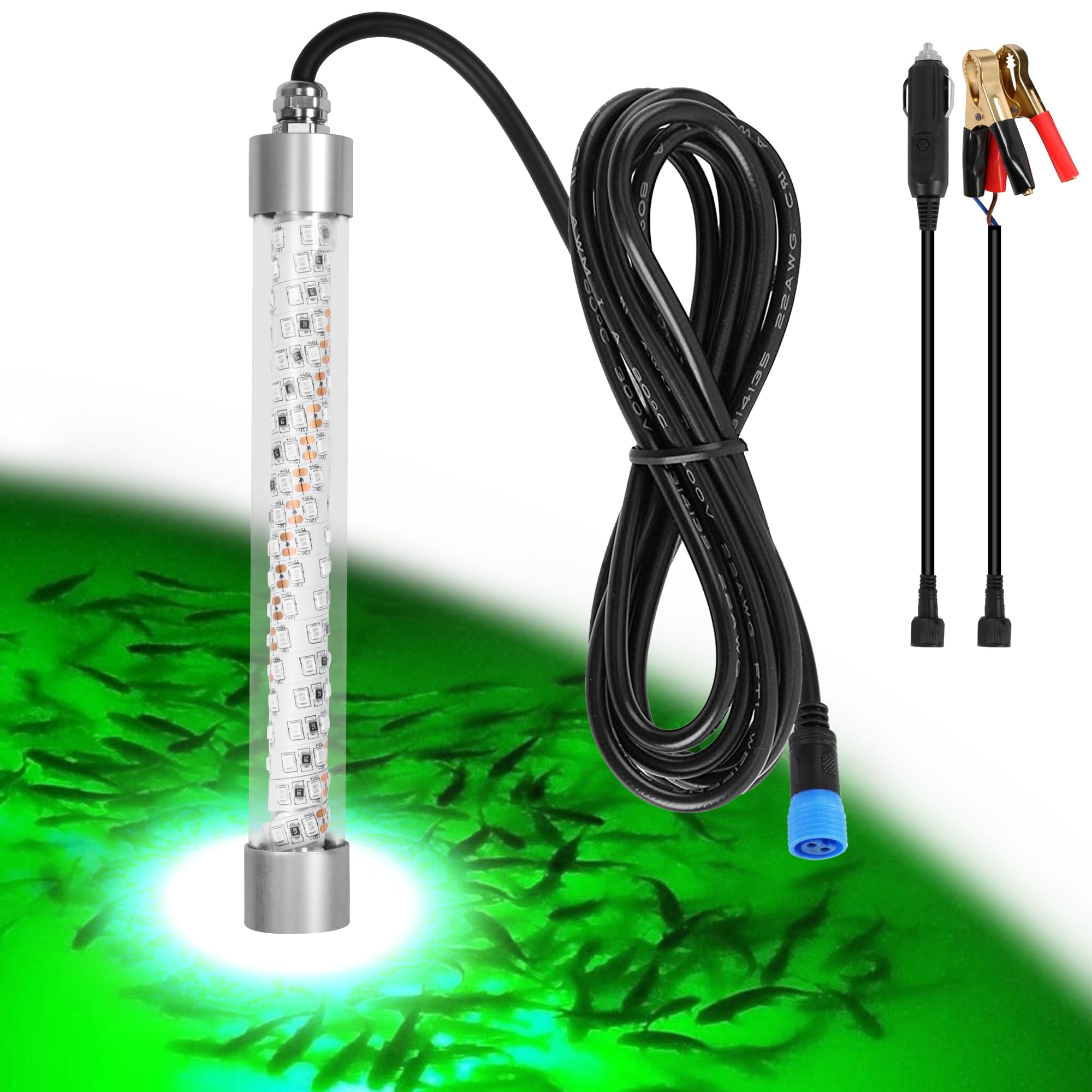 Photo 1 of XXK F1 12V Underwater Fishing Light 100W 10000lm Bright Fish Attracting Light for Boat Docks Kayaks at Night, Submersible Green Light Attractants for Crappie Snook Squid Bait Catfish (16.4ft Cord)