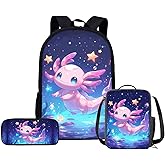 ZPINXIGN Cute Axolotl Backpack for Girls 3-in-1 Back to School Set - Kindergarten to Elementary Backpack with Lunch Box & Pencil Case for Kids Age 5-8, Axolotl Star Design Bookbags