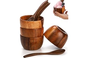 Lyellfe Set of 4 Acacia Wooden Bowl, 4 Oz Small Dipping Sauce Bowl with Spoon, 3 Inch Charcuterie Dish, Soup Water Cup for Co