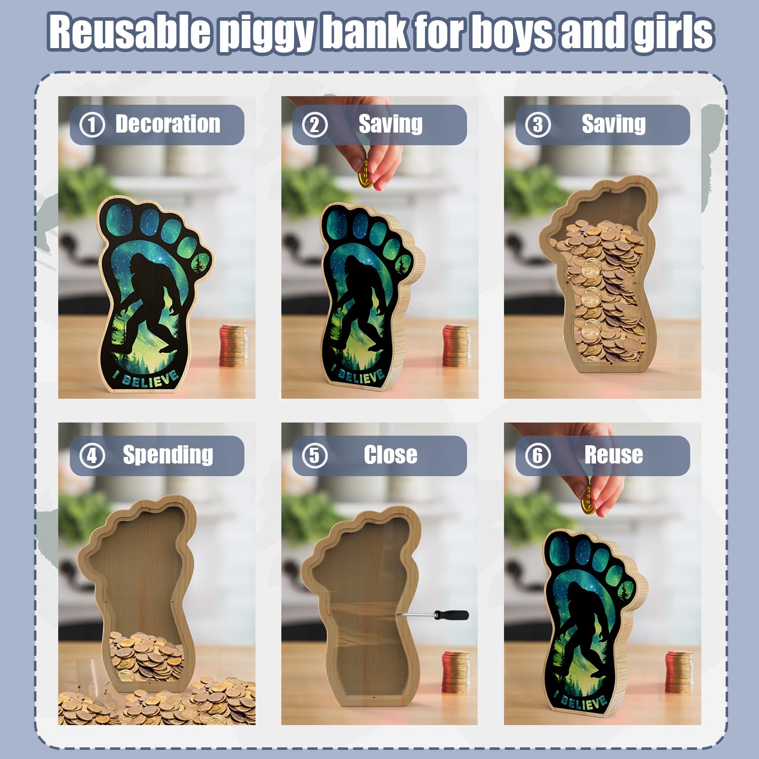 Bigfoot Piggy Bank for Kids Boys Girls, Sasquatch Wooden Piggy Bank Money Bank with Transparent Window, Coin Bank Fun Gifts for Birthday, Christmas, Festival, Baby Shower,Home Decor