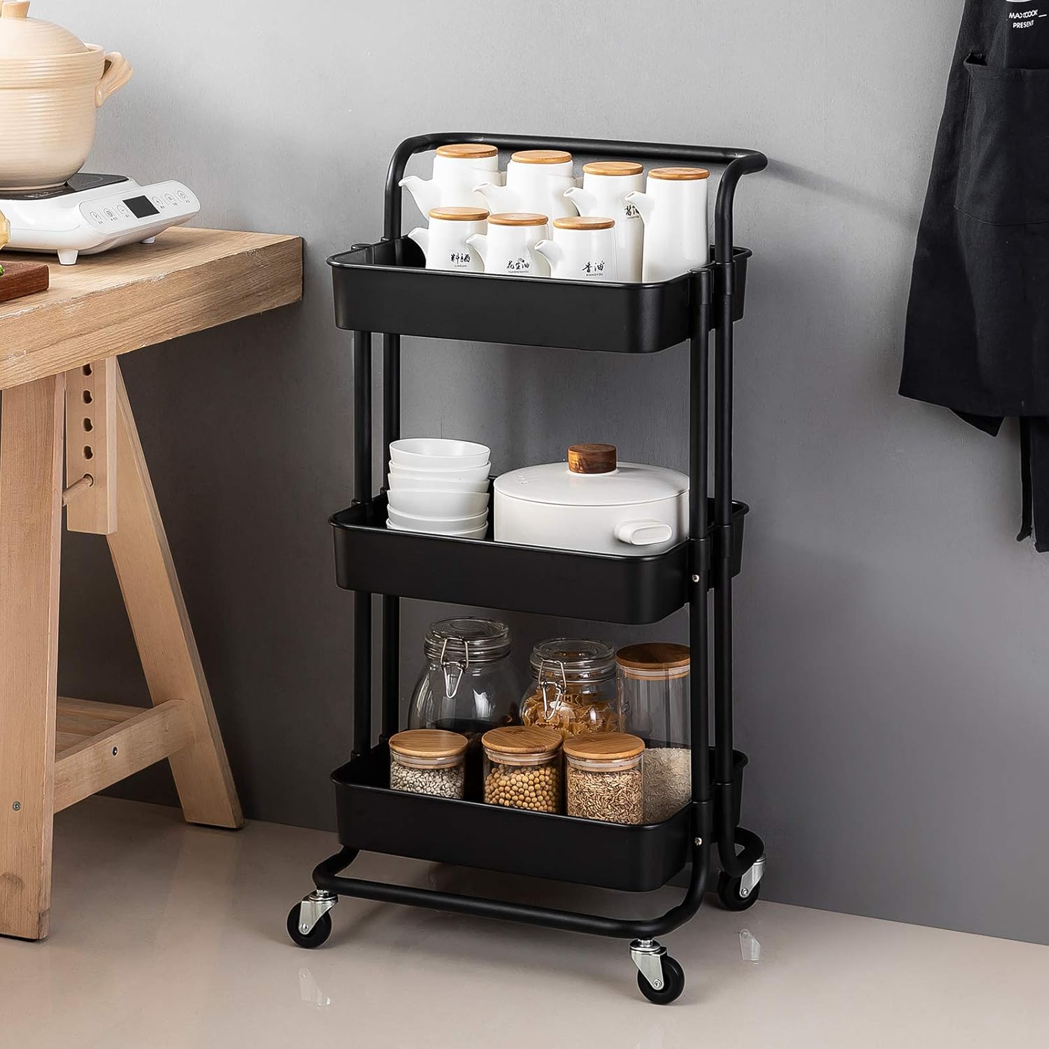 MAXCOOK 3-Tier Rolling Utility Cart, Storage Cart with Handle and Lockable Wheels for Office, Kitchen, Bedroom, Bathroom, Laundry Room & Dressers, Black: Furniture & Decor