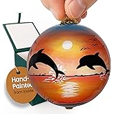 Hand-Painted Dolphin Sunset Christmas Ornament – Tropical Beach and Sailboat Ocean Scene – Coastal Holiday Glass Ball Decoration, Nautical Collectible Ornament with Protective Gift Box
