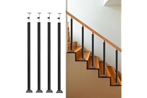 NAXVIO Indoor Railing Kits, 4 Pack Black Railing Post Kit, 270° Adjustable Flat Brackets Spindle Post & 35.43" Iron Square Stair Posts Kit for Stair Railing Indoor, Balcony, Staircases Spindles, Deck, Attic