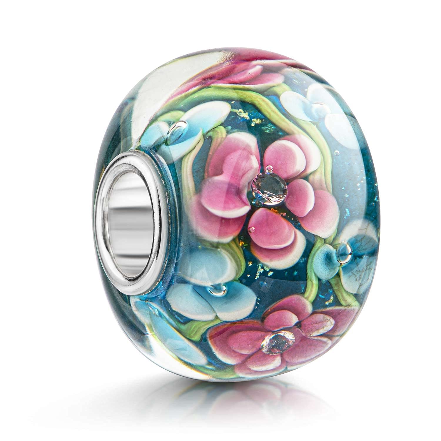 925 Sterling Silver Murano Glass Bead Element with 4 Zirconia, Magenta/Blue/Green X 15 mm – Model # 1471