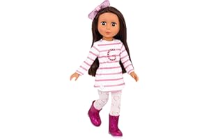 Glitter Girls – 14-Inch Fashion Doll – Straight Brown Hair & Brown Eyes – Striped Tunic & Glitter Boots – Hair Bow & Heart Le
