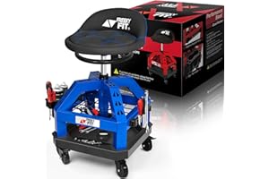 FreekyFit Rolling Shop Stool for Garage with Casters, DO02-Adjustable Height 360° Swivel Shop Seat with Tool Tray Storage, 330 LBS Capacity Padded Mechanic Stool, Magnetic Tool Hold, Heavy Duty, Blue